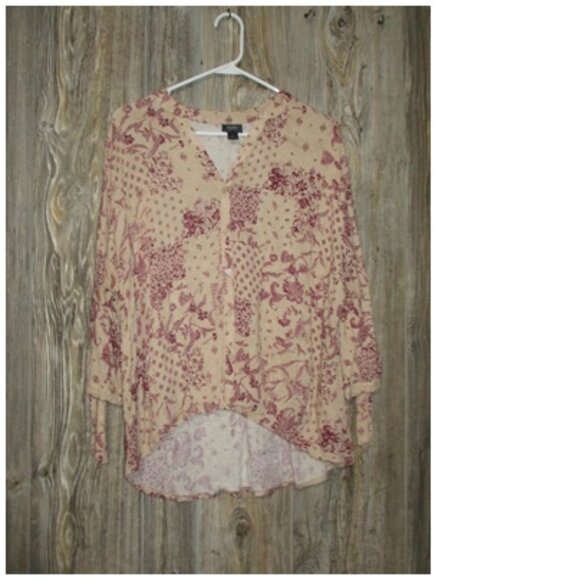 Daytrip Womens Small Tie Slv Top Taupe Burgundy Fairy Grunge Cottage Core Boho - Picture 1 of 13